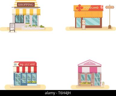 Business Store front Set flache Design Vector Illustration. Markt Gebäude. Design moderne Store auf Straße Stock Vektor