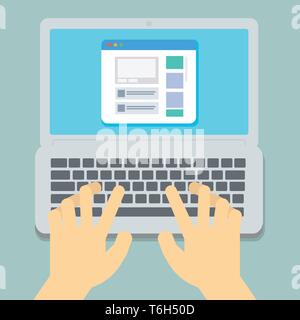 Flache Hände schreiben auf Laptop Pastell-hintergrund Vector Illustration. Arbeiten mit dem Computer. Stock Vektor