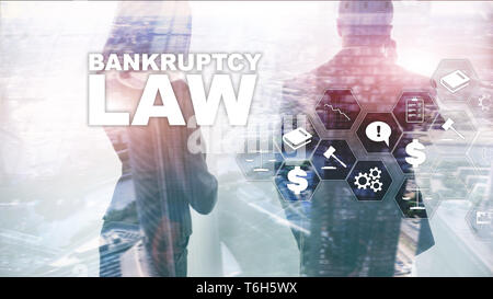 Konkursrecht Konzept. Insolvenzrecht. Gerichtliche Entscheidung Anwalt Geschäftskonzept. Mixed Media finanziellen Hintergrund. Stockfoto