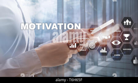 Motivation Konzept mit den Elementen. Business Team. Finanzkonzept auf verschwommenen Hintergrund. Mixed Media Stockfoto