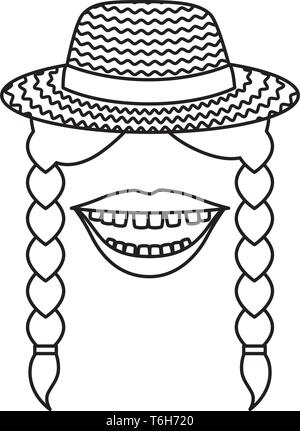 Weibliche Gärtner Strohhut mit Mund und Zöpfe Stock Vektor