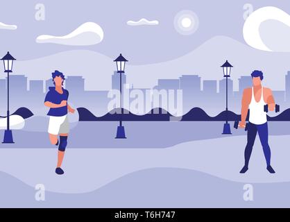 Athletische Männer, Gewichtheben und Laufen im Park Vector Illustration Design Stock Vektor