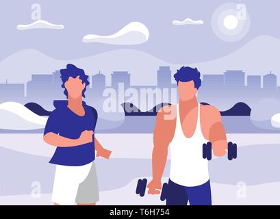 Athletische Männer, Gewichtheben und Laufen im Park Vector Illustration Design Stock Vektor