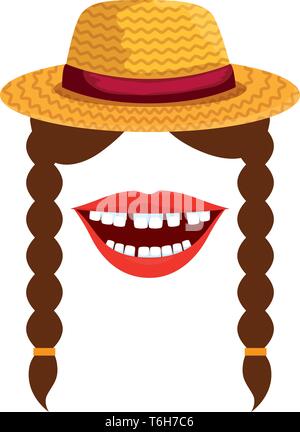 Weibliche Gärtner Strohhut mit Mund und Zöpfe Stock Vektor
