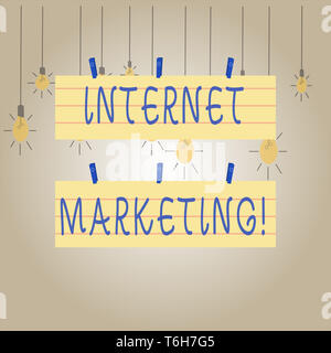 Schreiben Hinweis Übersicht Internet Marketing. Geschäftskonzept für den direkten Verkauf von Produkten, die über den elektronischen Geschäftsverkehr Streifengröße liniertem Papier Blatt hängen Stockfoto