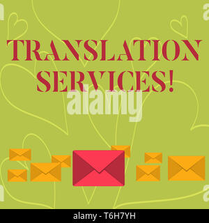 Handschrift Text schreiben Translation Services. Konzeptionelle foto Organisation, geben, rede Pastelltönen geschlossenen Umschlägen in zu übersetzen Stockfoto