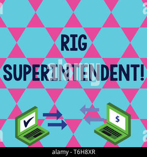 Wort schreiben Text Rig Betriebsleiter. Business Foto präsentieren Verwalten Bohrarbeiten rig zu minimieren Ausfallzeiten Exchange Pfeil zwischen zwei Symbole Stockfoto