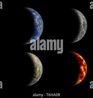 Isolierte Gruppe von vier verschiedenen Planeten auf schwarzem Hintergrund. Stockfoto