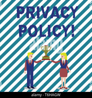 Handschrift Text schreiben Datenschutzerklärung. Konzeptionelle foto Erklärung oder ein juristisches Dokument, dass offenbart Kunden Daten der Mann und die Frau in der Anzug Fei Stockfoto