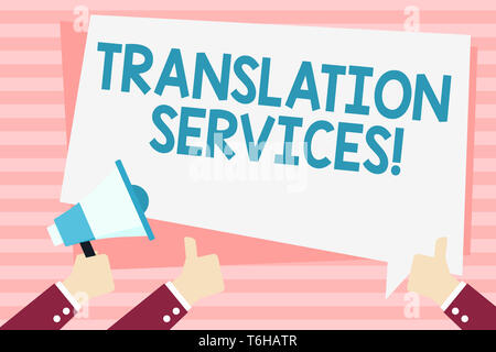 Handschrift text Translation Services. Konzeptionelle foto Organisation, die Vertretung zu Rede Hand Megaphon und andere zwei Ges übersetzen Stockfoto