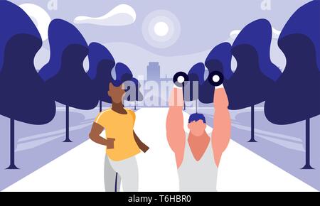 Athletische Männer, Gewichtheben und Laufen im Park Vector Illustration Design Stock Vektor