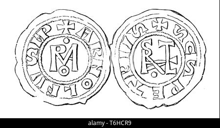 Monogramm Roma. Monogramm Stephanus. Kaiser Münzen Münze: Arnulf von Kärnten und der Papst Stephan VI ('Arnolfus Imp. - Scts Petrus/'; nur Arnulf Münze in die K. Münzkabinett in Berlin. In Rom geprägt.'), 1899 Stockfoto