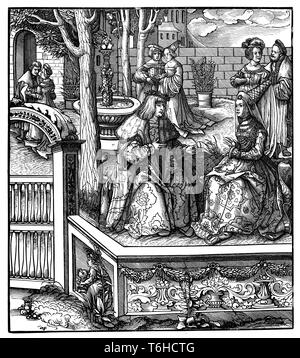Maximilian I. und seine junge Frau Maria von Burgund. Von den Holzschnitten des Weißkunig. "Wie der Junge weiß kunig und die Kung kuniging yedes der anderen sprach seine kuniging.', 1899 Stockfoto