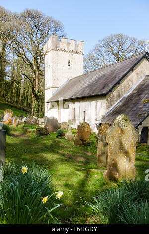 Klein 14. Jahrhundert normannische Kirche des Hl. Illtyd mit battlemented Turm im Frühjahr auf der Halbinsel Gower, Oxwich, West Glamorgan, South Wales, UK, Großbritannien Stockfoto