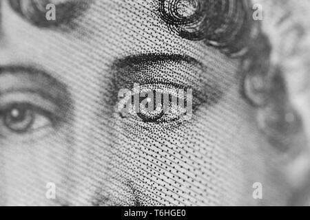 Nah-, Makro Foto von einem Stück von £ 10. Drucken, Portrait, Augen von Jane Austen. Zehn Pfund Sterling. Stockfoto