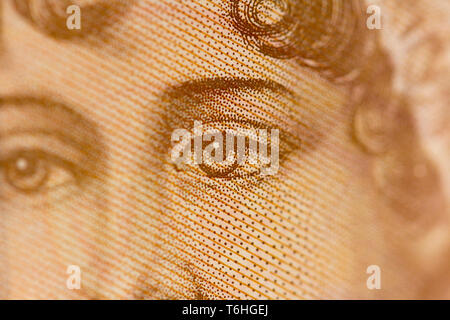 Nah-, Makro Foto von einem Stück von £ 10. Drucken, Portrait, Augen von Jane Austen. Zehn Pfund Sterling. Stockfoto