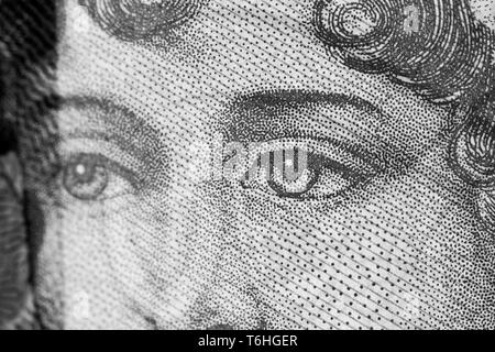 Nah-, Makro Foto von einem Stück von £ 10. Drucken, Portrait, Augen von Jane Austen. Zehn Pfund Sterling. Stockfoto