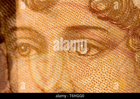 Nah-, Makro Foto von einem Stück von £ 10. Drucken, Portrait, Augen von Jane Austen. Zehn Pfund Sterling. Stockfoto