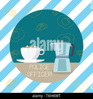 Schreiben Hinweis angezeigt Polizeioffizier. Business Konzept für eine Demonstration, die ein Offizier der Strafverfolgungsbehörden Team Tasse trinken und Wasserkocher wit Stockfoto
