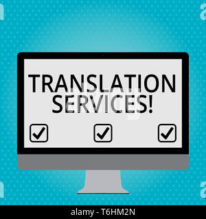 Handschrift text Translation Services. Konzeptionelle foto Organisation, die Rede zu zeigen leere weiße Computer Monitor WideScreen übersetzen Stockfoto