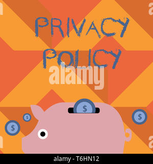 Handschrift Text schreiben Datenschutzerklärung. Konzeptionelle foto Erklärung oder ein juristisches Dokument, dass offenbart Kunden Daten bunte Piggy Bank Geld und Münzen Stockfoto