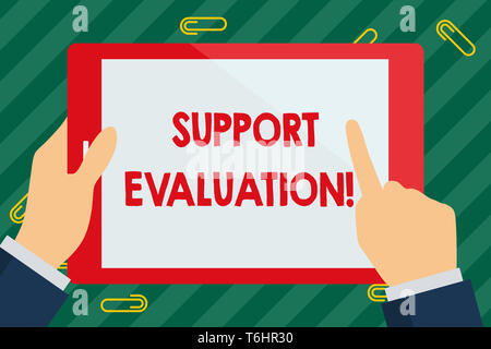Wort schreiben Text Unterstützung Bewertung. Business Foto präsentieren Unterstützung Prozess, der kritisch ein Programm, Geschäftsmann, Hand, Besitz, Pointin untersucht Stockfoto