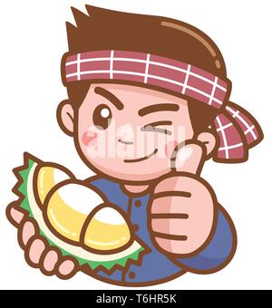 Vector Illustration von Cartoon Farmer präsentiert Durian Stock Vektor