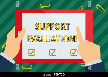 Wort schreiben Text Unterstützung Bewertung. Business Foto präsentieren Unterstützung Prozess, der kritisch ein Programm Hand zeigen Berühren Bl untersucht Stockfoto