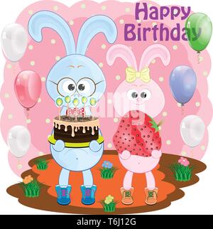 Geburtstag Grußkarte mit Kaninchen. Bunny cartoon Vector Illustration. Zwei cartoon Vektor-illustration Hasen. Stock Vektor