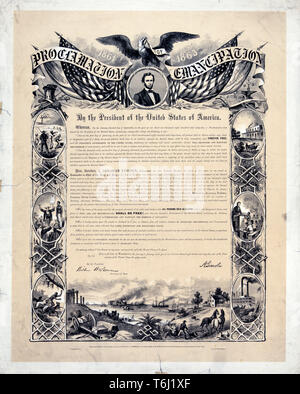 Emanzipations-proklamation Dokument, 1. Januar 1863 durch den Präsidenten der Vereinigten Staaten von Amerika zeigen Text mit Abbildungen, erschienen 1864 Stockfoto