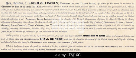 Emanzipations-proklamation Dokument, 1. Januar 1863 durch den Präsidenten der Vereinigten Staaten von Amerika zeigen detaillierte Teil der Text "alle Personen, die als Sklaven gehalten... frei" veröffentlicht 1864 Stockfoto