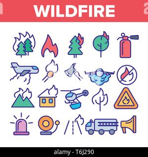 Wildfire, Bushfire Vector Icons einstellen. Wildfire, Naturkatastrophen linearen Abbildungen. Wälder, Häuser in Flammen auf. Ankündigung Feuergefahr Kontur Pictog Stock Vektor