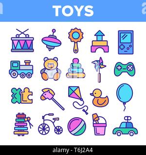 Kinder Spielzeug Linear Vector Icons einstellen. Spielzeug Thin Line Kontur Symbole Pack. Unterhaltung für Kinder Piktogramme Sammlung. Christbaumkugeln, Spielzeug. Plüsch Teddy Stock Vektor