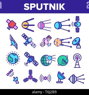 Orbital Sputnik Linear Vector Icons einstellen. Sputnik Thin Line Kontur Symbole. Cosmos Exploration, Raumfahrttechnik Piktogramme Sammlung. Satellitenschüssel, Sp Stock Vektor