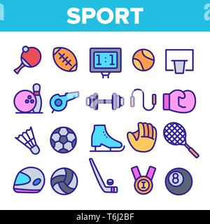 Sport Spiele Equipment Linear Vector Icons einstellen. Sport Thin Line Kontur Symbole Pack. Team Spiele Piktogramme Sammlung. Gesunde Lebensweise. Stock Vektor