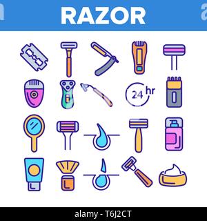 Rasierer, Rasierzubehör Vector Linear Symbole gesetzt. Rasierer, männliche Hygiene dünne Linie Abbildungen Sammlung. Modern, Retro Style Rasierzeug, Ele Stock Vektor