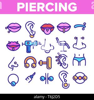 Piercing Salon Thema Linear Vector Icons einstellen. Ohrringe, Piercing Ball Closure Ring Symbole Pack. Edelstahl Schmuck Piktogramme. Professionelles Werkzeug Stock Vektor