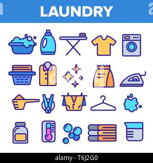 Wäscheservice Line Icon Set Vektor. Waschmaschine. Trockene, saubere Baumwolle. Tuch Wäscheservice Piktogramm. Dünne Umrandung Web Abbildung Stock Vektor
