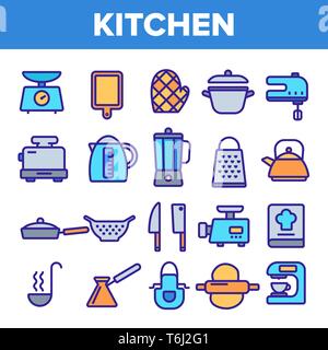 Küchenutensilien Line Icon Set Vektor. Home Küche Tools Symbol. Klassische Küchenutensilien Symbole. Dünne Umrandung Web Abbildung Stock Vektor