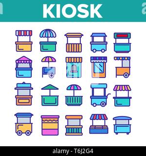 Kiosk, Marktstände Arten Linear Vector Icons einstellen Stock Vektor