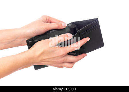 Geldbörse in weibliche Hände auf weißem Hintergrund. Stockfoto