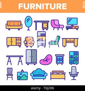 Zimmer Möbel online Icon Set Vektor. Interior Design. Home Zimmer Möbel Elemente. Dünne Umrandung Web Abbildung Stock Vektor