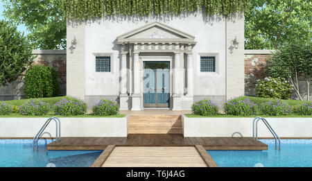 Fron Blick auf einer klassischen Villa mit luxuriösen Garten mit großem Swimmingpool - 3D-Rendering Stockfoto