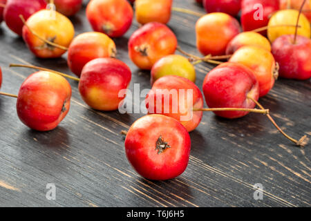 Zerstreut Frische Paradies Äpfel auf Holz- Hintergrund Stockfoto