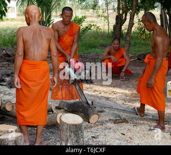 Ein buddhistischer Mönch tragen Safranroben schneiden ein Protokoll mit einer Kettensäge. Kampong Thom, Kambodscha, 20-12-2018 Stockfoto