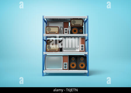 3D-Rendering des alten Retro Radio- und TV-Sets auf Silber Blau metall Regalböden auf blauem Hintergrund Stockfoto