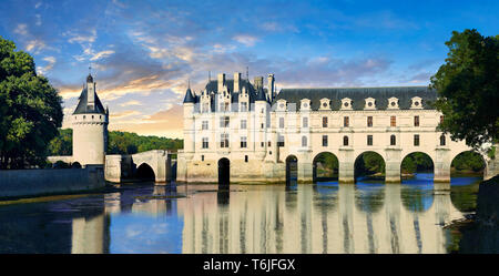 Das Chateau de Chenonceau von der französischen Renaissance Architekt Philibert de l'Orme 1555 entworfen von überspannen den Fluss Char. Loire Tal. Chenonceaux, In Stockfoto