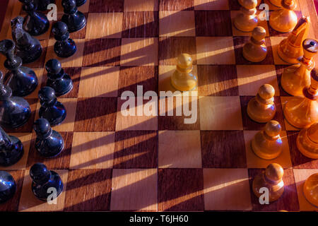 Eine Spielfigur gegen einen vollständigen Satz von schwarzen Schachfiguren zu übernachten. Nahaufnahme von Schachbrett mit Holz auf Tisch im Sonnenlicht, ein Spiel der Lichter. Geschäft Stockfoto