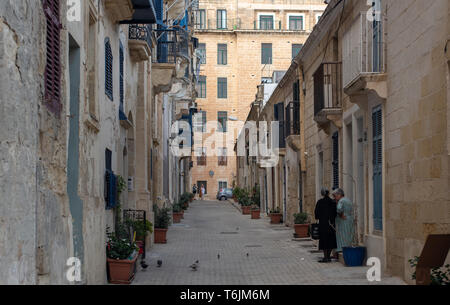 Zwei ältere Frauen in einer schmalen Gasse von Häusern in Valletta chatten Stockfoto