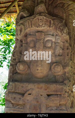 Maya Ruinen - Standing Stone Stele H durch Herrscher Kawak Sky im 8. Jahrhundert AD; UNESCO Weltkulturerbe, Quirigua, Guatemala Mittelamerika errichtet. Stockfoto